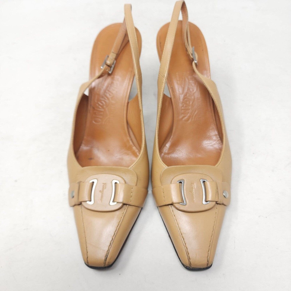 Salvatore Ferragamo Womens Heels Tan Leather Slingback Mule Horsebit Pumps 7.5 - Picture 5 of 12